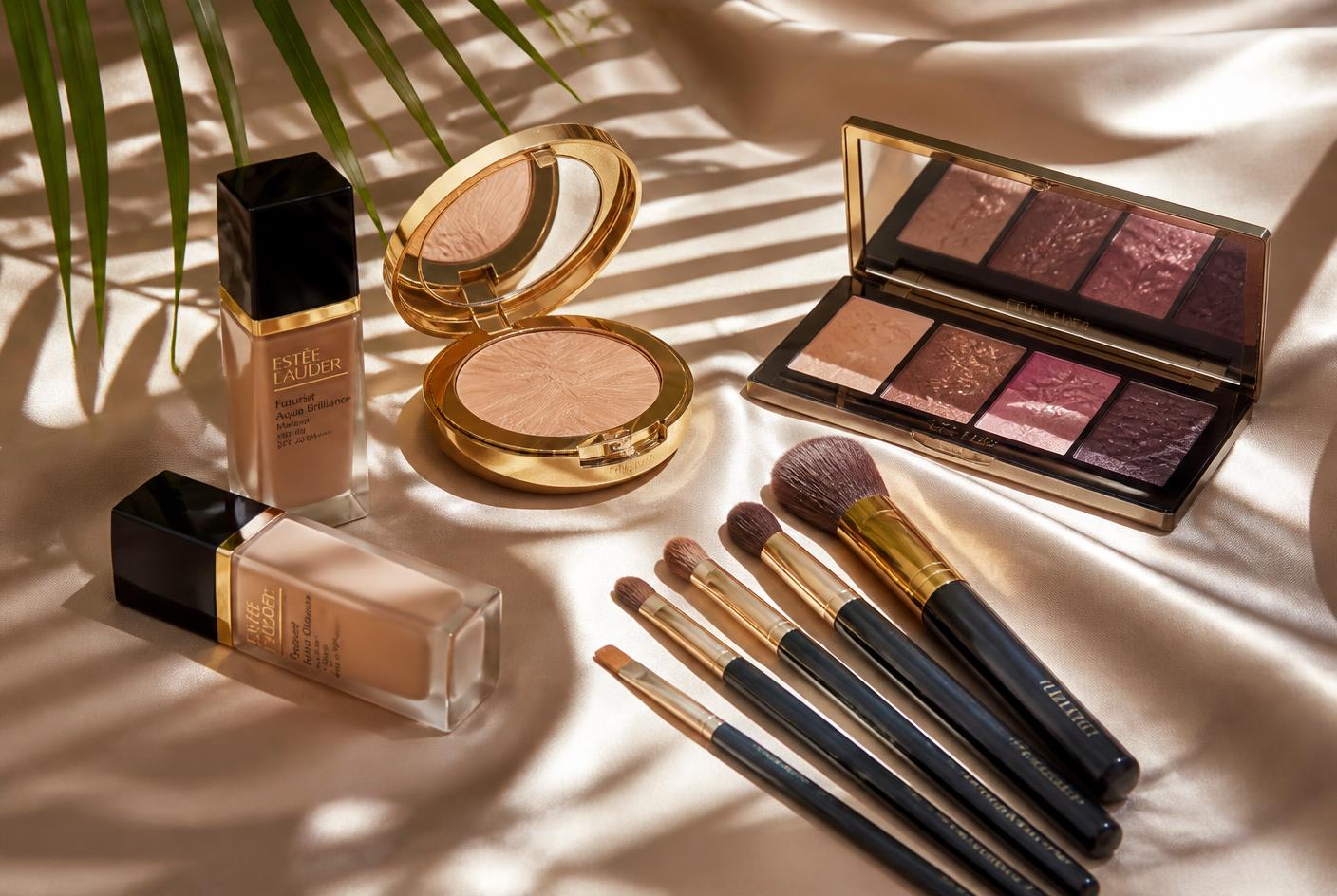 Produits de maquillage haut de gamme et pinceaux professionnels sur soie