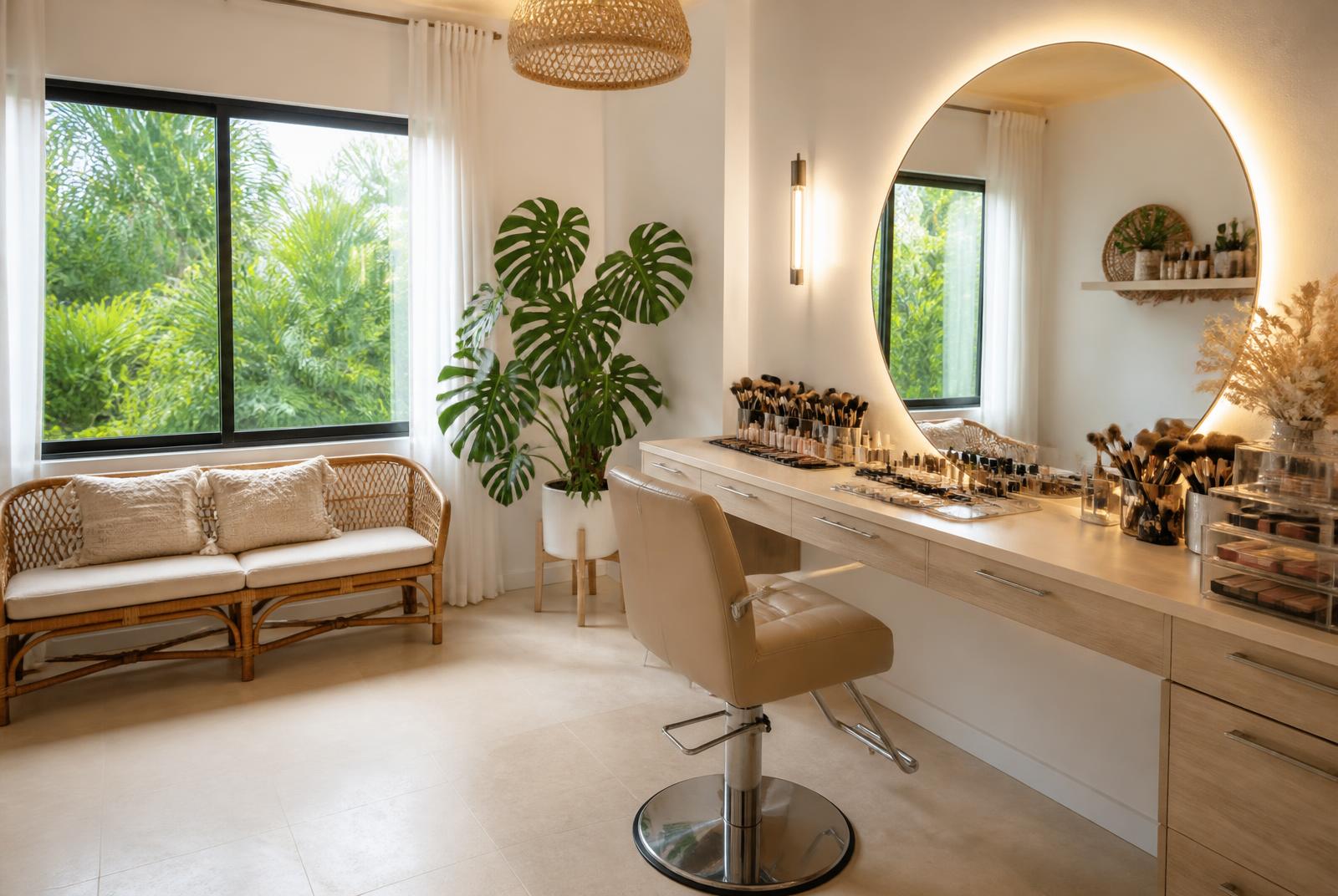 Studio de maquillage Kayra Makeup Studio aux Trois-Îlets, miroir lumineux et lumière naturelle